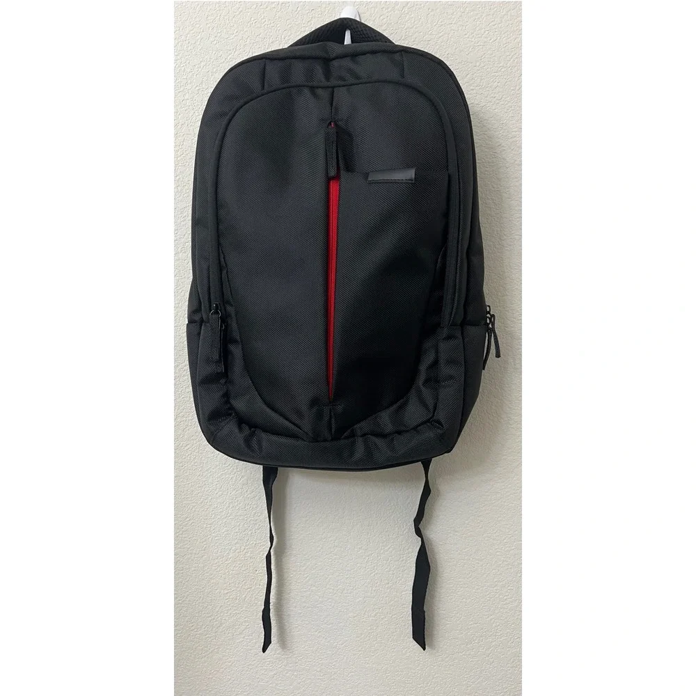 Black Ballistic Nylon Laptop Backpack Red Accent Zip Padded Commuter Bag 18in